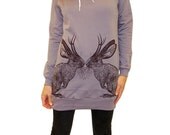 Kissing Jackalope hoodie dress - eco-friendly brown ink screenprint on slate grey cotton fleece - size Medium/One Size (fits USA 0-8)