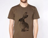 Rabbit tshirt - eco-friendly brown ink screenprint on army cotton - Mens size XL