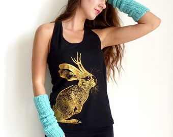 Jackalope tank top - eco-friendly gold ink screenprint on black cotton racerback - womens sizes S, M, L