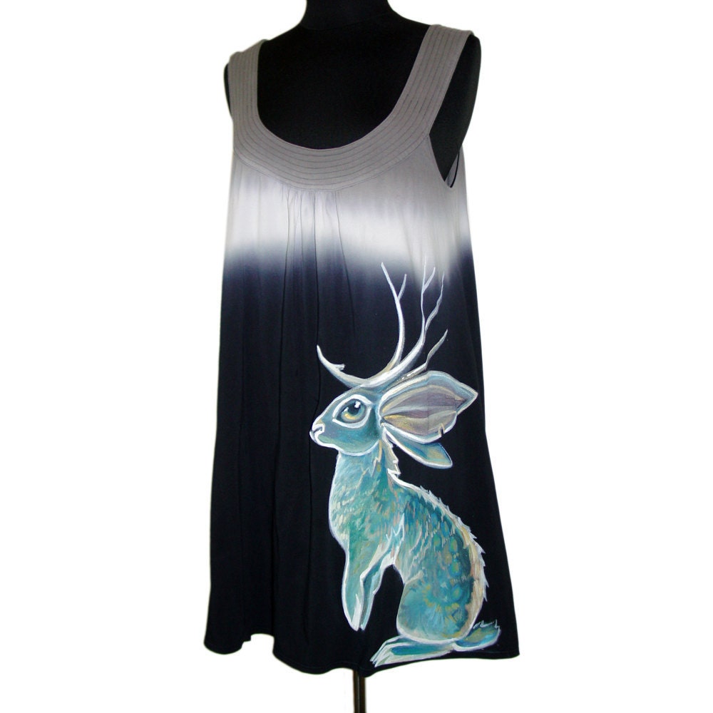 SALE - Blue Jackalope dress - handpainted, one of a kind by NYhop - size US 8 (Medium) cotton tie dye colorfade babydoll tent