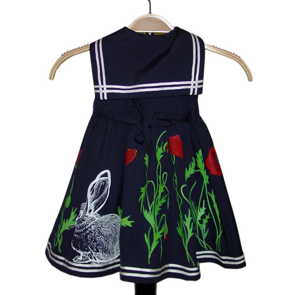Sale - Bunnies and Poppies sailor girl party dress - handpainted, one of a kind - toddler girls size 24 months (2-3 years)