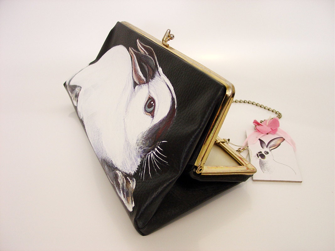 Christmas in July Sale - California Rabbit handpainted vintage clutch - OOAK by NYhop - faux black patterned leather with gold trims