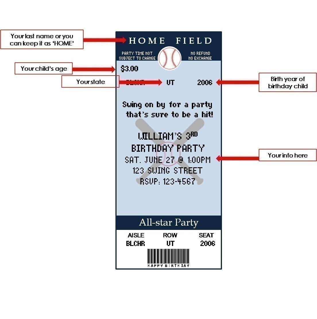 Baseball ticket birthday invitations-Printable PDF File Il_570xn