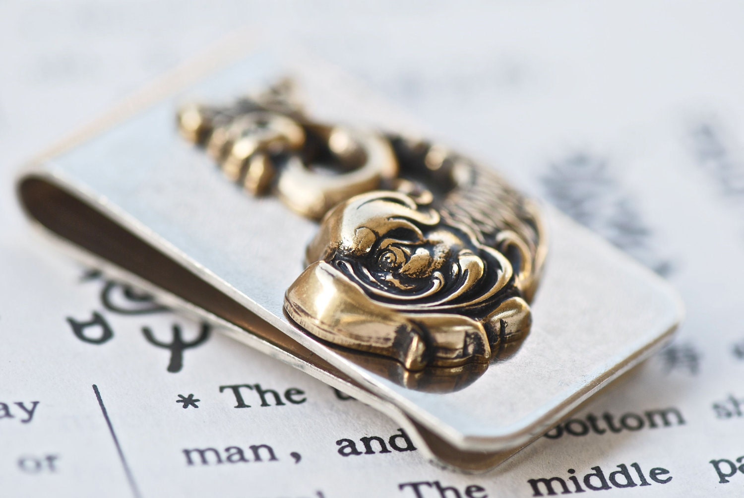 NEW - Koi Dragon Money Clip - Made in USA stampings - LEFT - Antique Gold