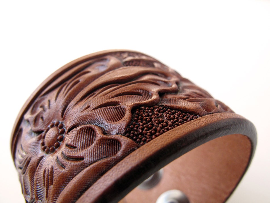 Russet Wild Rose Floral Leather Cuff- Small