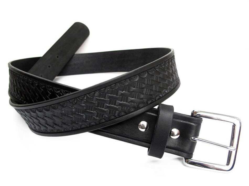 Black Hand Stamped Basketweave Leather Belt