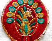 Applique - Kutchi Peacock - 1 Red Gold Yellow Green Egg Shaped Oblong Circle