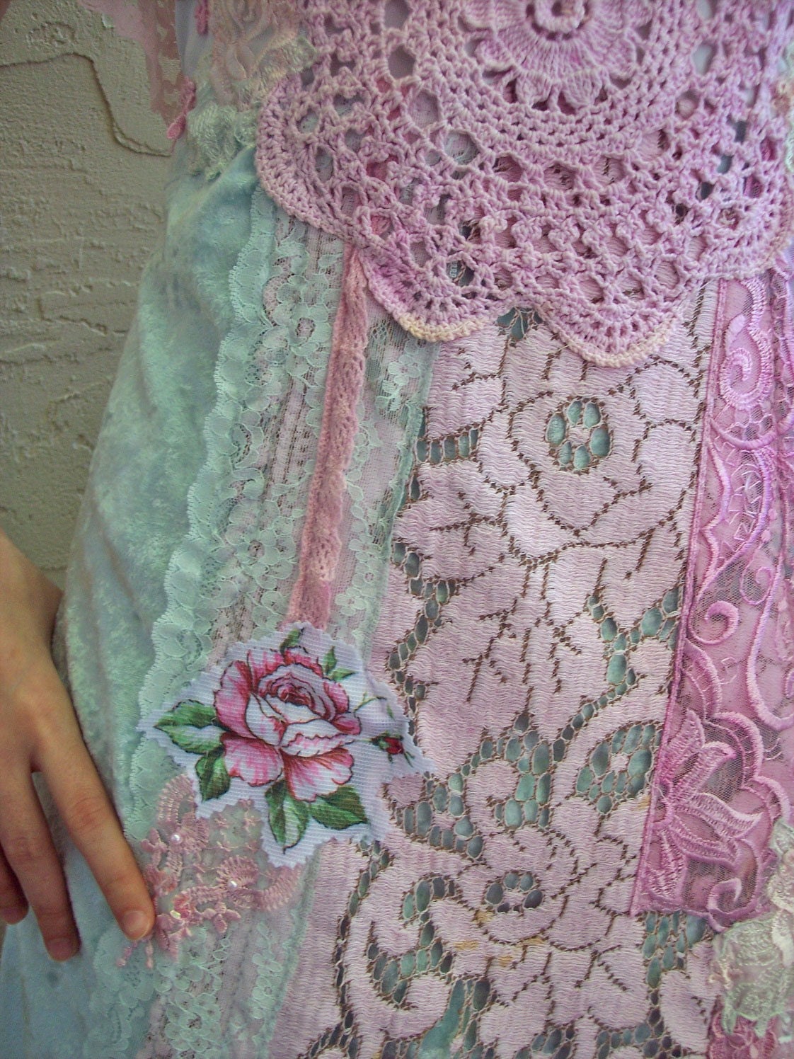 Reserved - Aqua Blue Velvet and Vintage Crochet Lace Quilt Dress