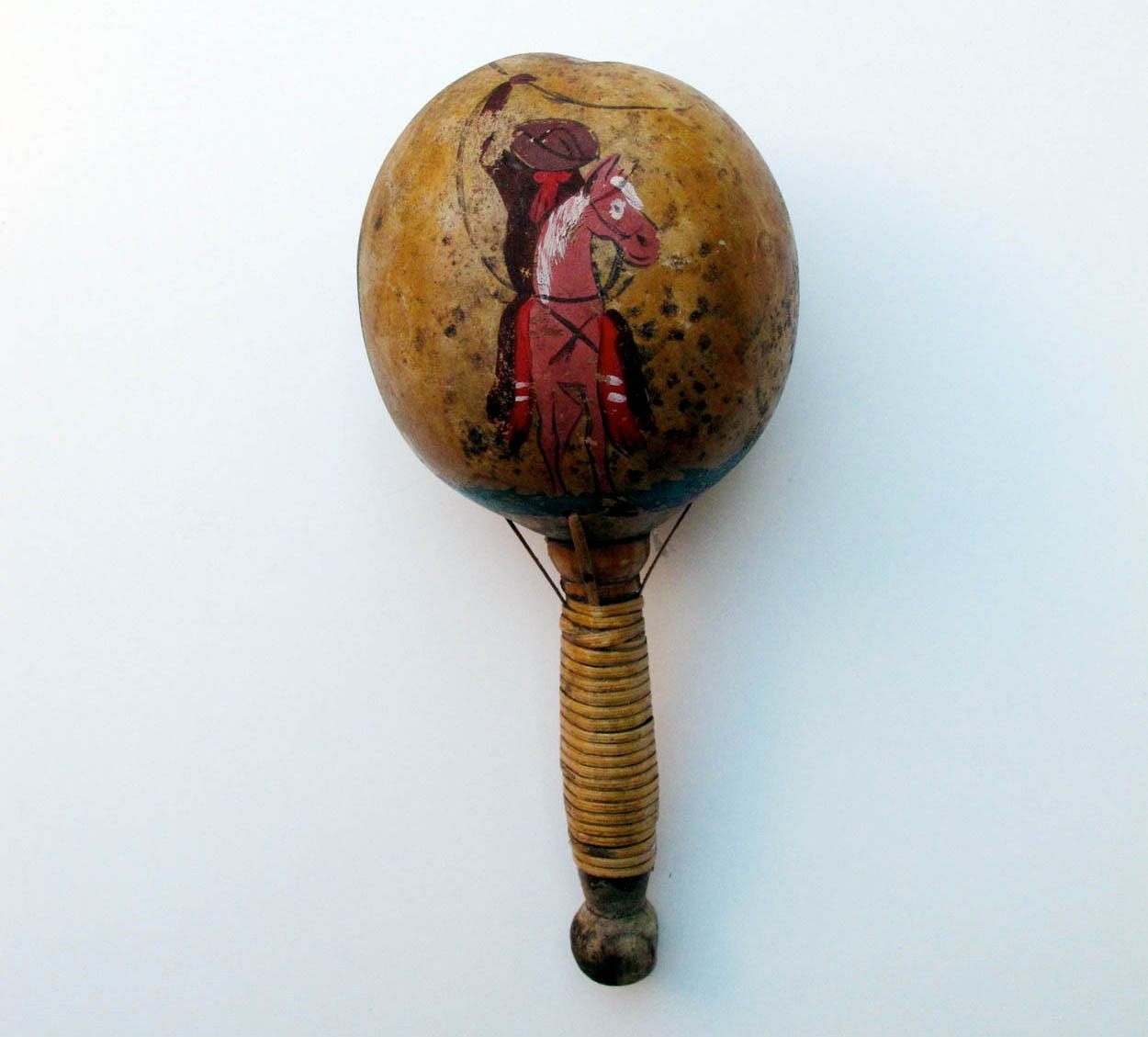 Vintage Cowboy Decor El Vaquero the Cowboy 1940s painted gourd Maraca