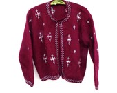 Vintage Hand Knit Wool Cardigan Sweater Slight Cropped Med Large