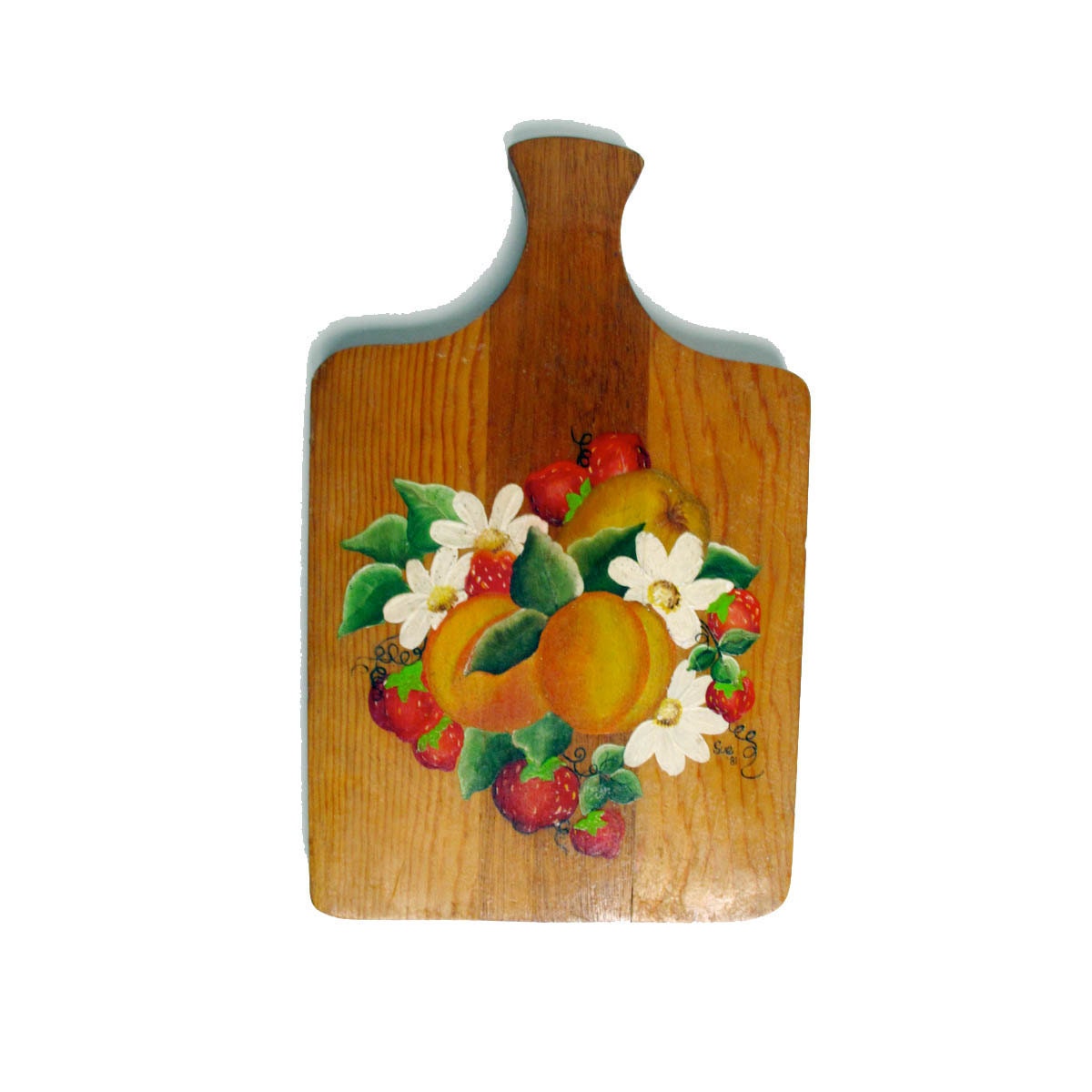 80s Vintage Hand Painted Cutting Board Strawberries Peaches Hardwood