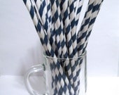 25 Navy Blue Striped Paper Straws with DIY Flag Topper