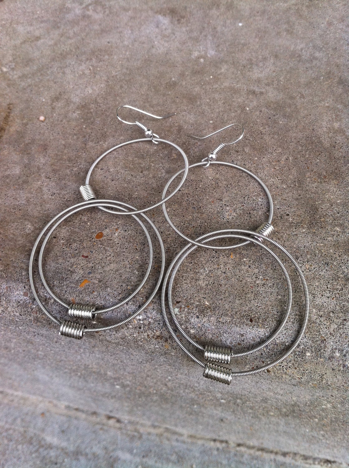 Recycled Bass Strings - Restored Bass String Triple Concentric Circles Earrings in Silver