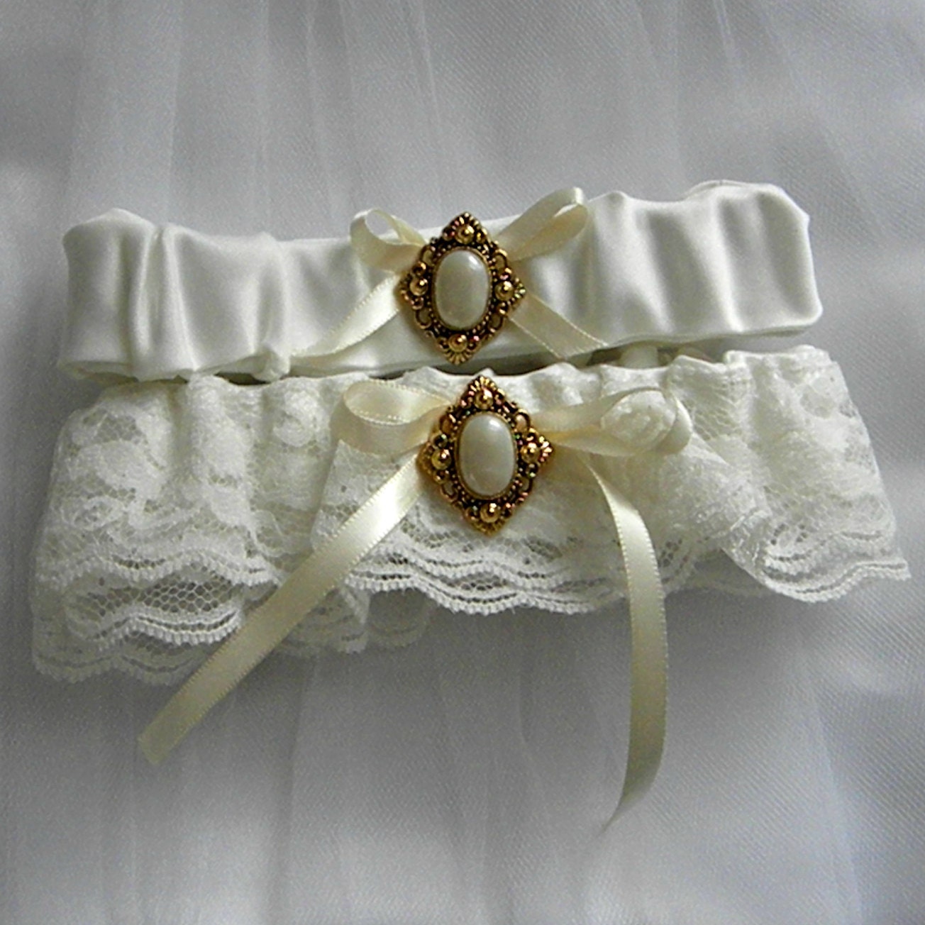 Lace Wedding Garter Set, Antique look, Gold and pearly button, ivory lace & ribbon (includes keepsake and toss garters) -- made to order