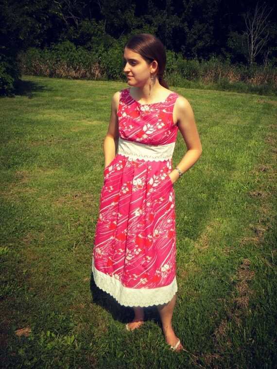 Summer Dress, Pink Sundress w/ Pockets, hot pink fabric and white lace trim, high neck, modest - Ready-made size 6