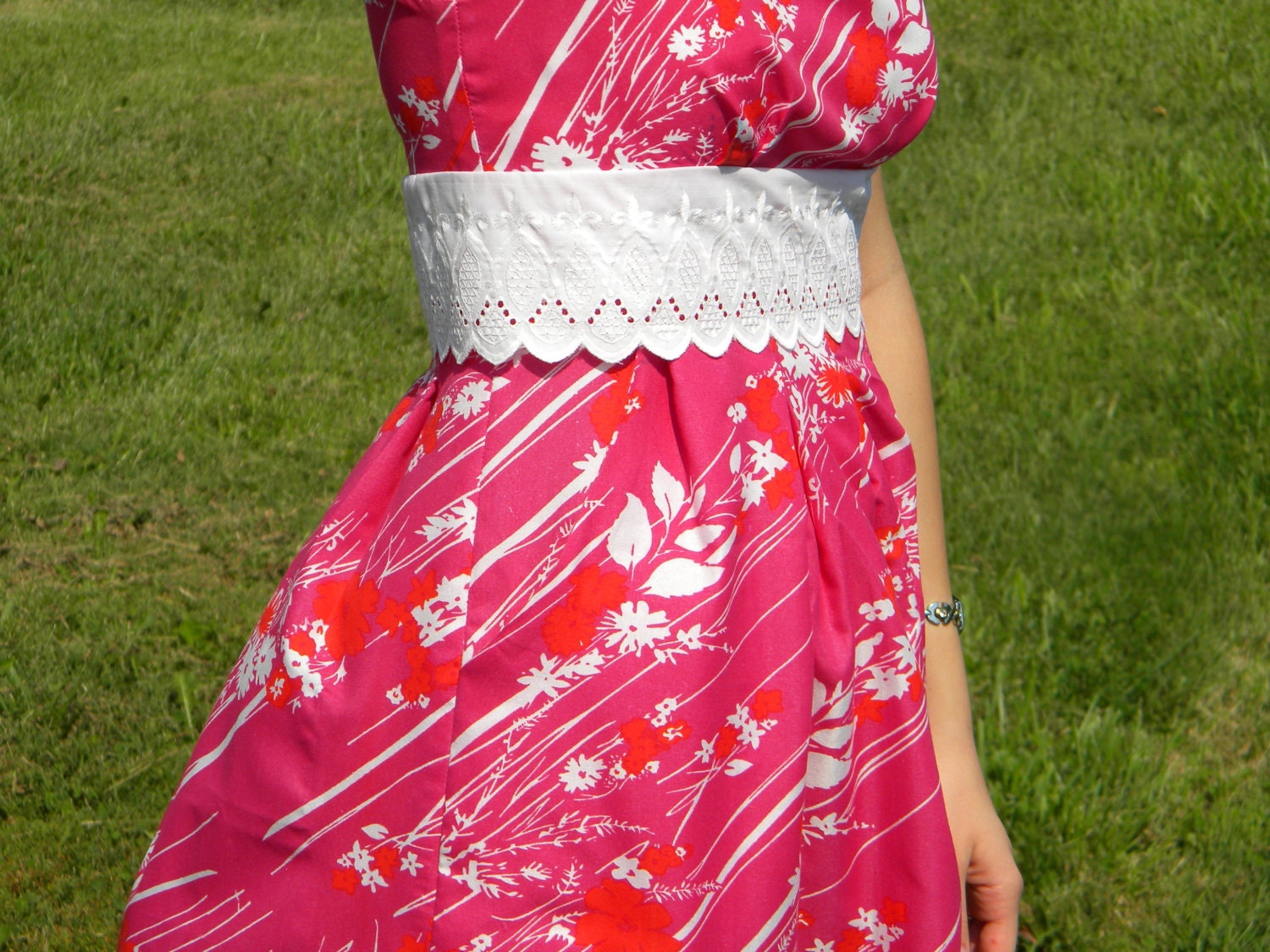 Summer Dress, Pink Sundress w/ Pockets, hot pink fabric and white lace trim, high neck, modest - Ready-made size 6
