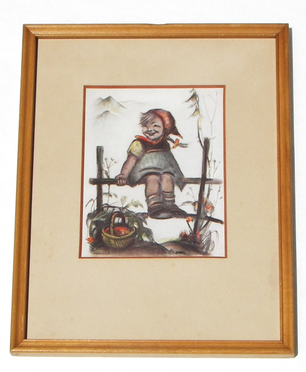 Hummel Framed Postcard - Vintage - Little Girl On Fence - M. I. Hummel
