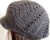 Crochet Newsboy Hat in Dark Grey for Teens and Women, Zig Zag Design