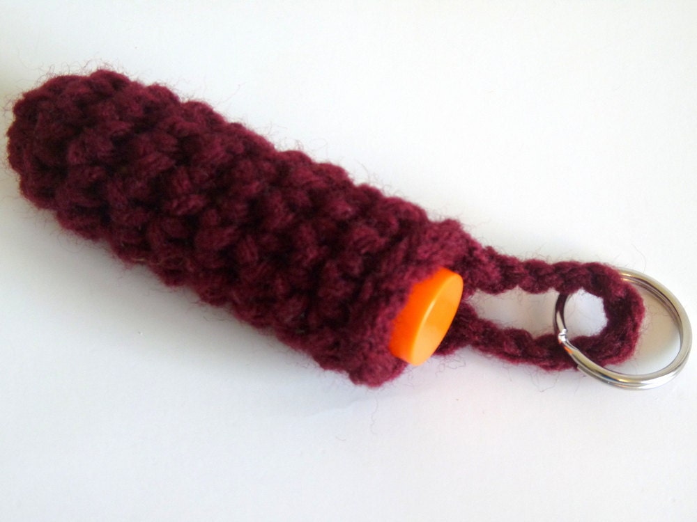 Crochet Lip Balm or Lipstick Holder Cozy Keychain in Maroon Burgundy