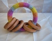 Waldorf Baby Toy - Maple Wood Rattle Teething Ring - Felted Wool Ring in Plant Dyed Pastel Rainbow Wool Yarn
