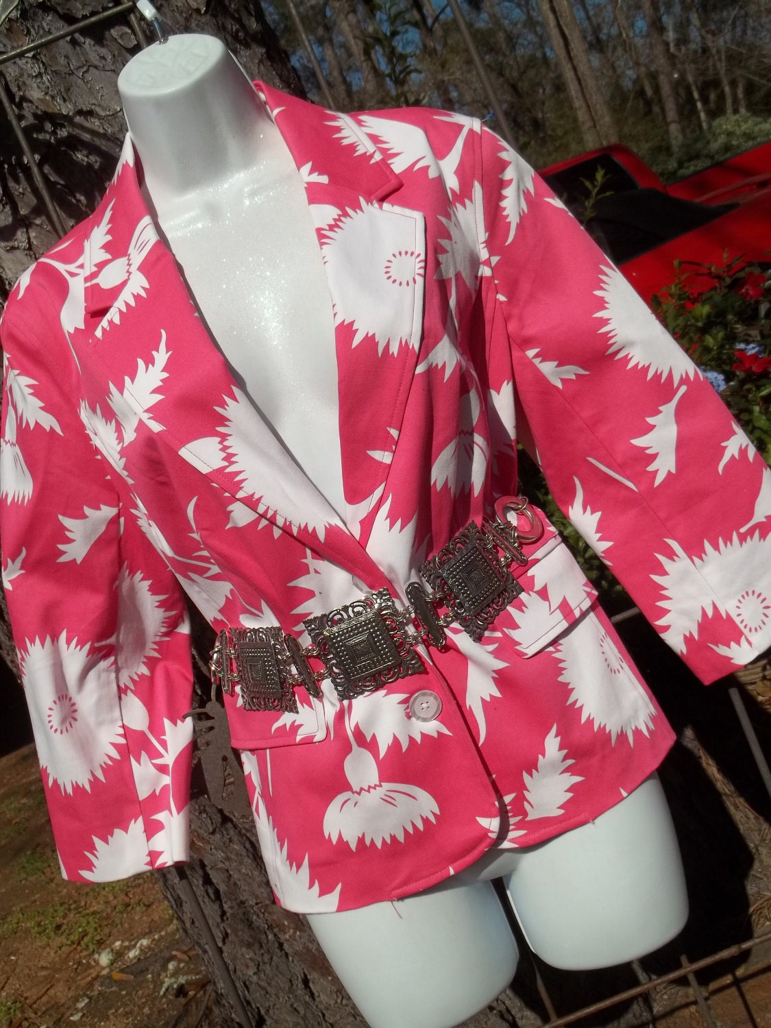 Vintage Jacket Blazer Stretch Spring Summer Hot Pink White Floral Size L