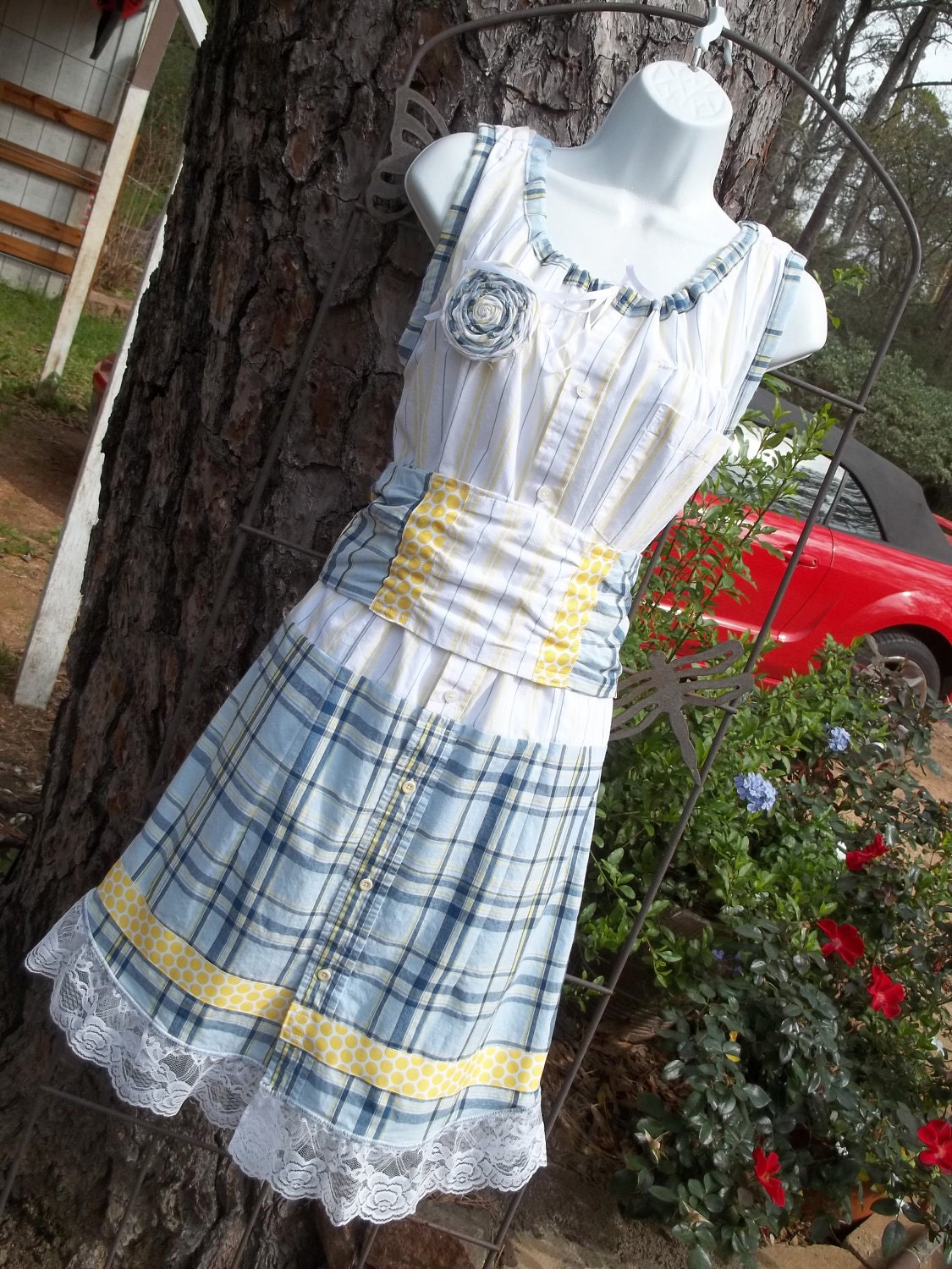 Upcycled Shirt Dress Nautical Striped Blue Yellow Summer Repurposed From Mens Button Down Shirts Sz L