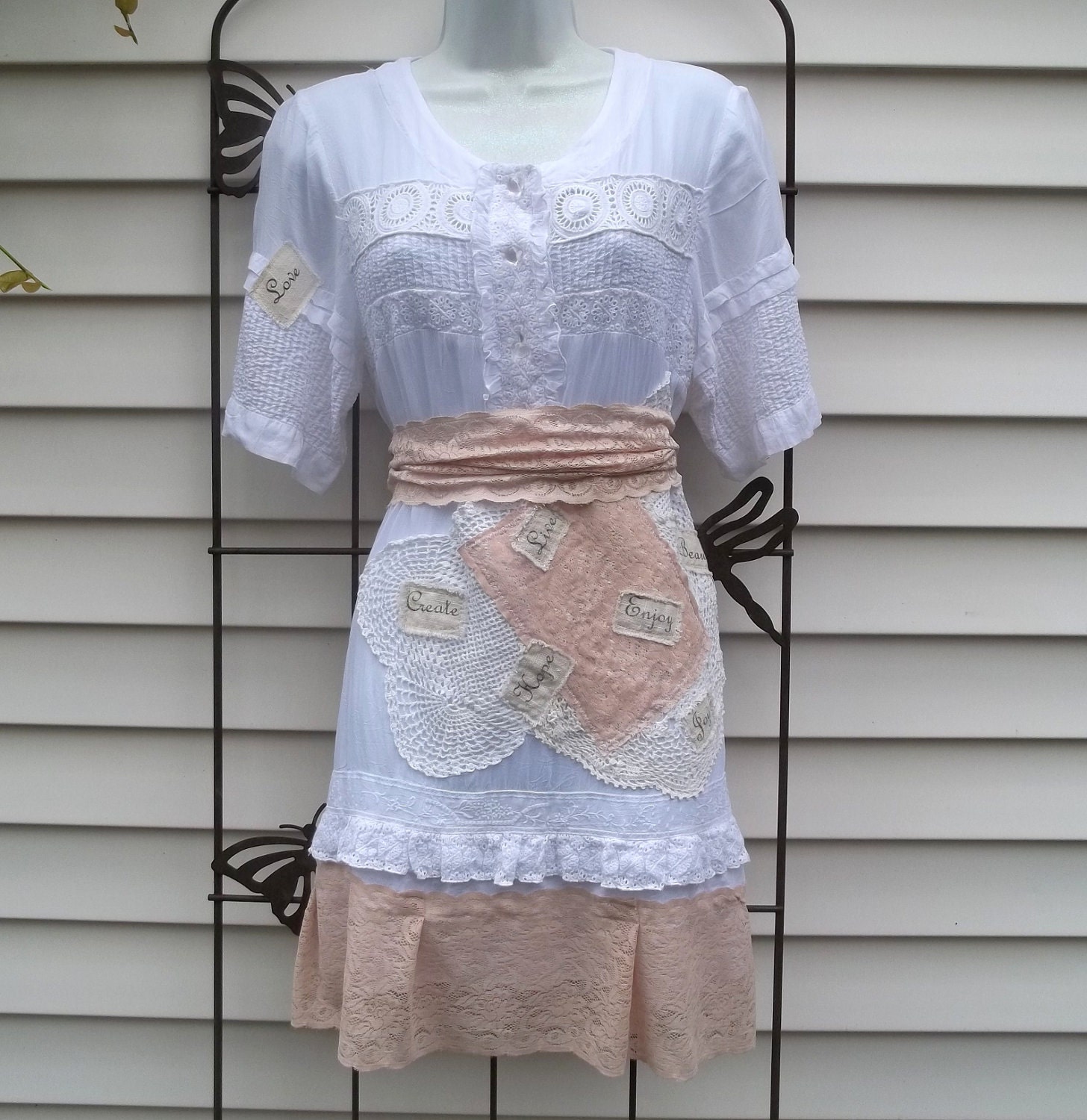 Upcycled Dress Altered Refashioned Embellished Shabby Boho Prairie Cowgirl Crochet Doily Lace Peasant Size M