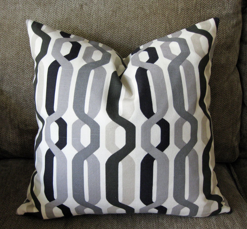 Decorative Pillow Cover, 18" x 18" in  Tan, Black,Stone, Pewter and Charcoal Gray on an Ivory Background.