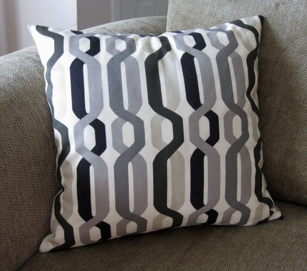 Decorative Pillow Cover, 18" x 18" in  Tan, Black,Stone, Pewter and Charcoal Gray on an Ivory Background.