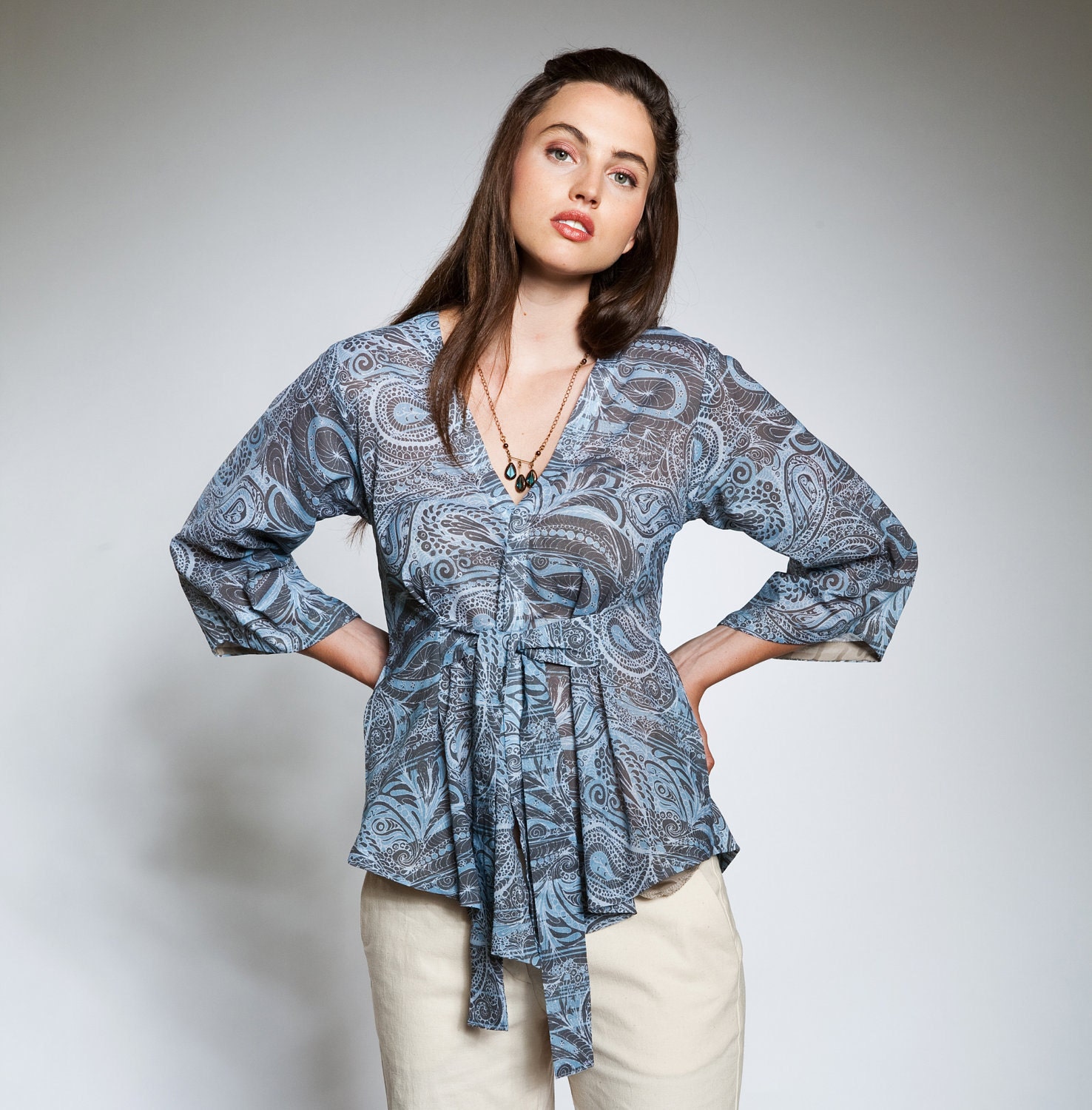 Blouse in blue paisley draped cotton voile - printed spring blouse - striped blue and brown paisley - Lorenzo Blouse - made to order