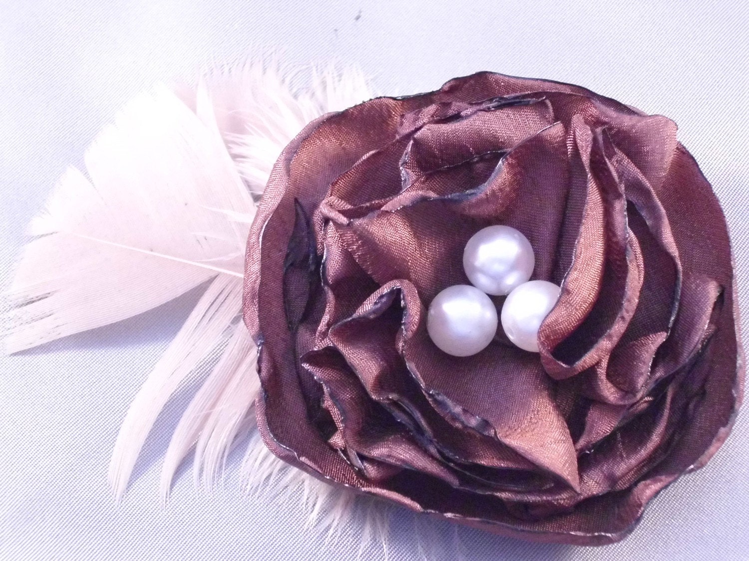 Vintage Flapper Hair Clip Headband Brown Flower with Feathers and Pearls-photo prop, newborn, blessing, wedding, photography