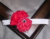 Vintage Flapper Hair Clip Red Flower with Netting, Marabou and Rhinestone-photo prop, newborn, blessing, wedding, photography
