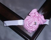 Vintage Flapper Hair Clip Pink Flower with Netting, Marabou and Rhinestone-photo prop, newborn, blessing, wedding, photography