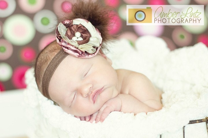 Vintage Flapper Hair Clip Headband Brown Cream and Rose Flower with Marabou and Pearls-photo prop, newborn, blessing, wedding, photography