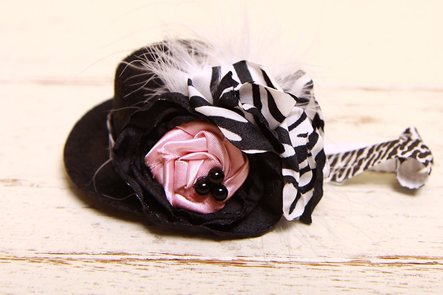 Mini Top Hat Headband-Black, White and Light Pink Zebra for Newborn Baby Infant Toddler Girl-Photo Prop, Photography, Wedding, Dress Up