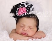 Mini Top Hat Headband-Hot Pink and Zebra with Marabou, Feathers and Netting-Newborn Infant Toddler Girl-Photo Prop, Photography, Wedding