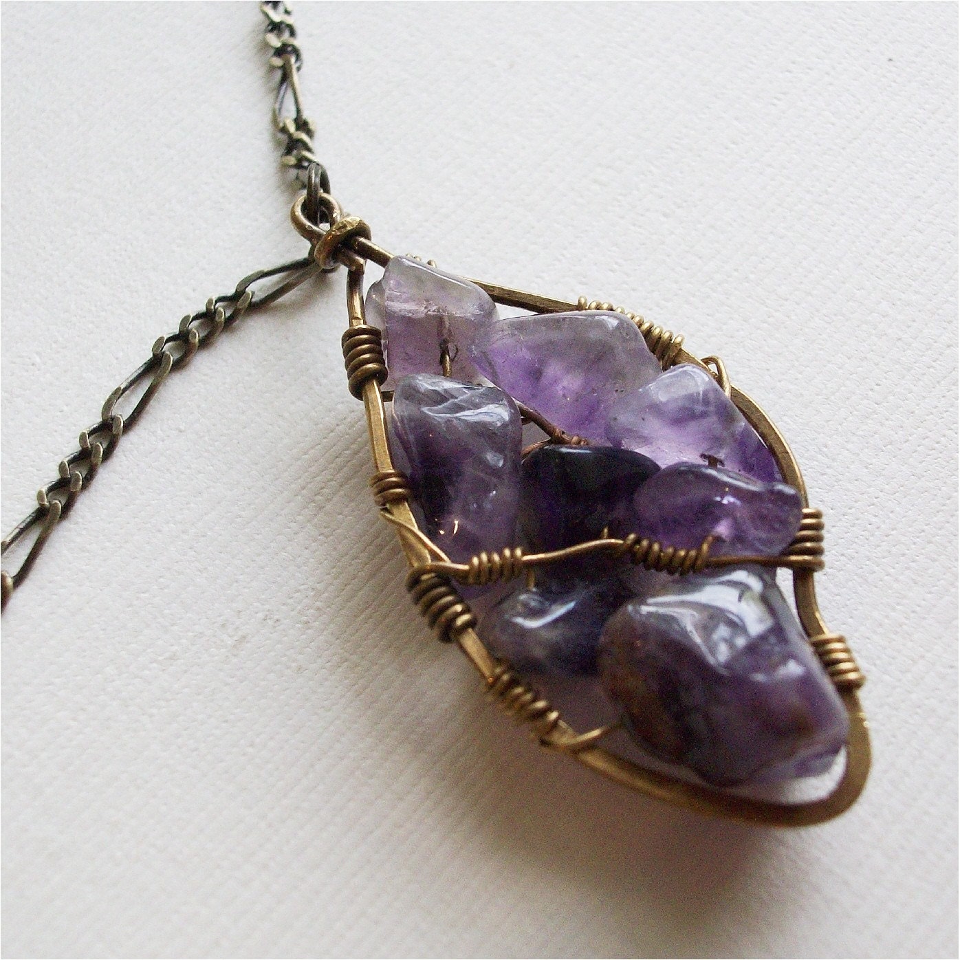 Purple Amethyst Leaf Necklace, handmade pendant on antiqued brass chain, FREE SHIPPING ETSY