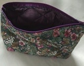 special 15 percent SALE Cosmetic Zippered Pouch large flat bottom padded Purple & Green Floral Pattern