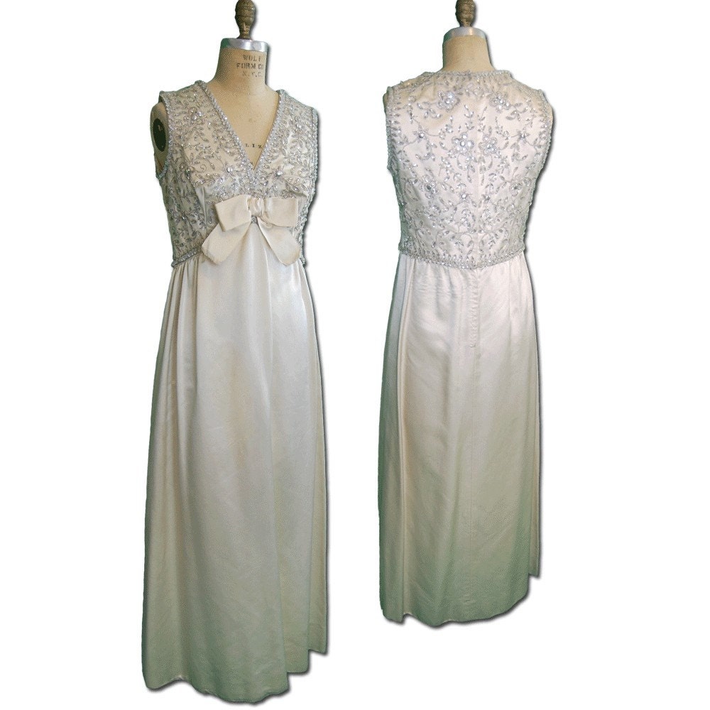 1960s Vintage Ivory Embroidered Satin Empire Gown