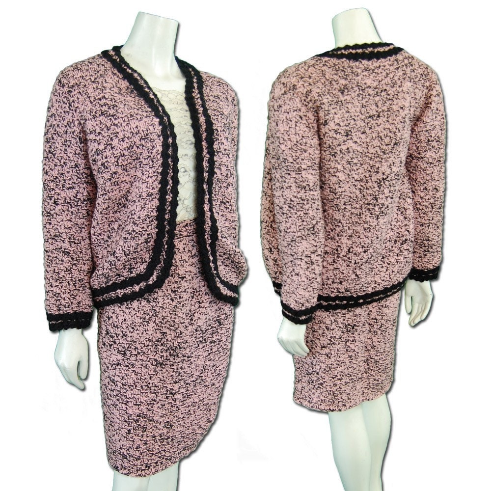 1960s Vintage Italian Hand Knit Wool Suit - Pink w/Black