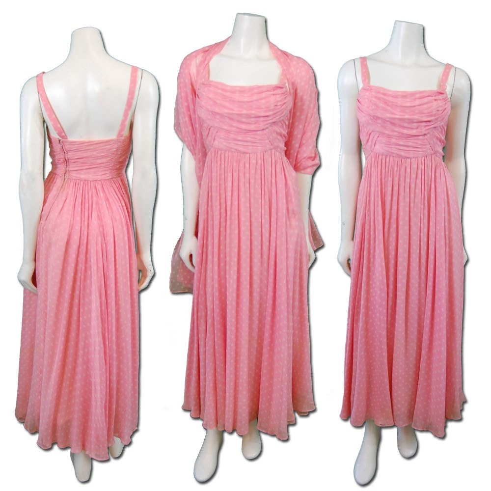 1960s Vintage Pink Polka Dot Chiffon Dress Prom Party