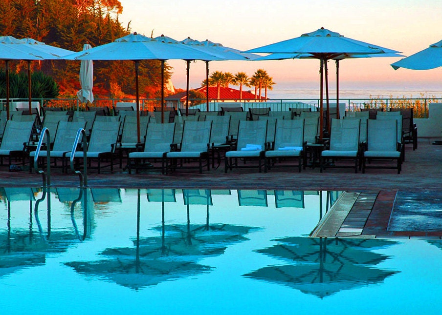 Pool Umbrellas-Beach Umbrellas- Pool Reflections-Turqoise Sunset-Fine Art Photography-Wall Art-Home Decor- 8X10
