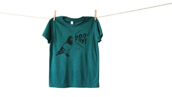 Hooray Brooklyn Pigeon, Youth Kid Tshirt, Hand-Printed Ecofriendly Lithograph, American Apparel Evergreen, Youth 8