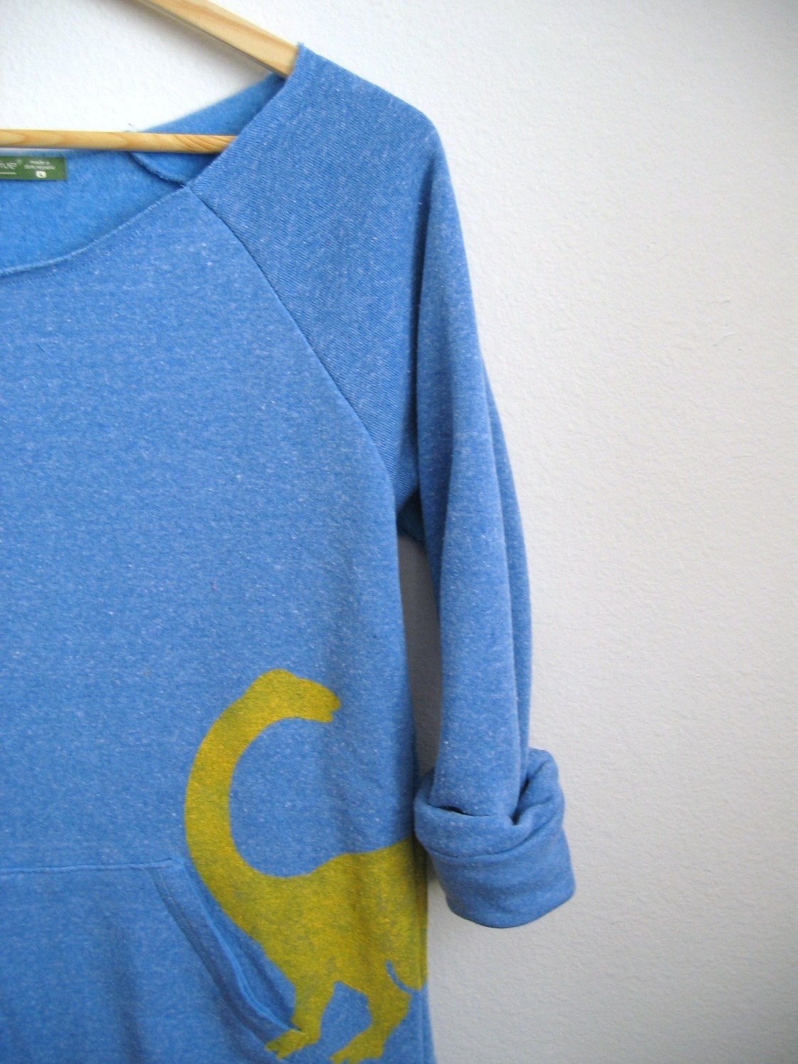 Yellow Dino HAND STENCILED Deep Scoop Neck Heather Artist Series Sweatshirt in Blue - S M L XL