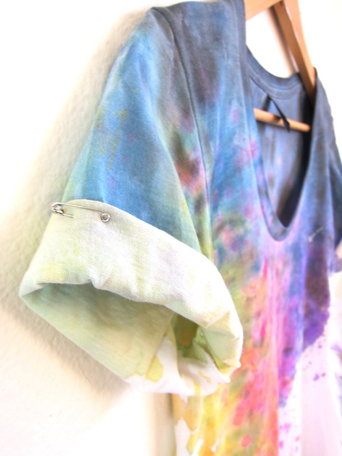 The Original "Splash Dyed" Hand PAINTED Scoop Neck Pinned Rolled Cuffs Tunic Tee Dress in White Spectrum Rainbow - XS S M L XL