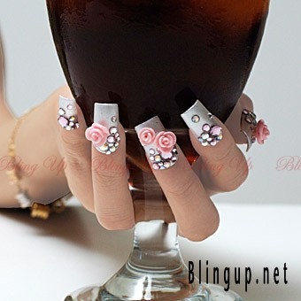 Silver Nail Tip with 3D Nail Art Rose and Austrian Crystals. From blingup
