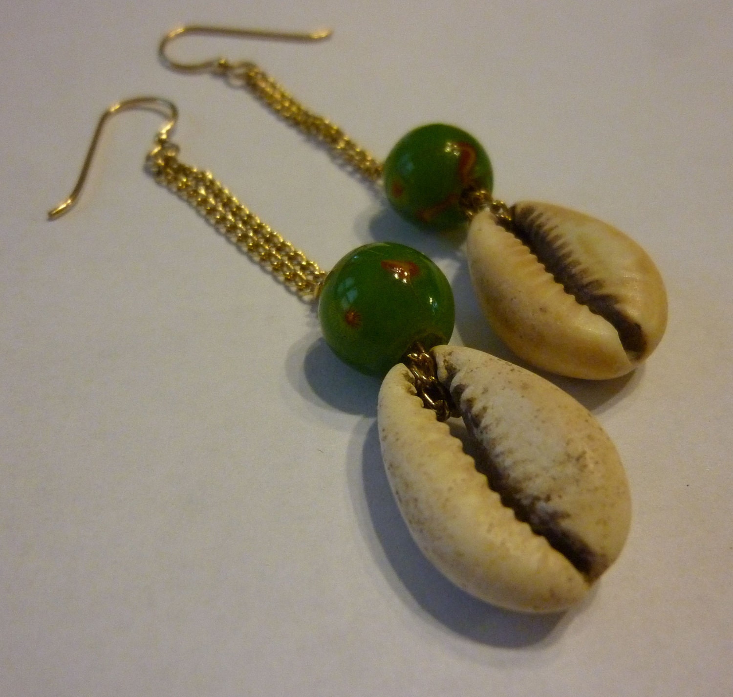 Fabulous Cowrie Shell Chain and Green Glass Trade Bead earrings