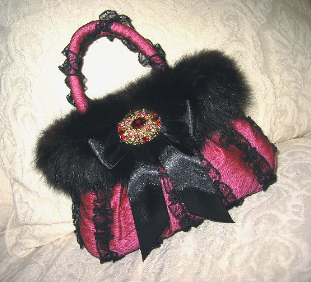 Hot Pink Silk and Black Tulle Evening Bag with Ruffles, Trimmed in Vintage Black Fox, Satin Noir Bow and Vintage Rhinestone Brooch