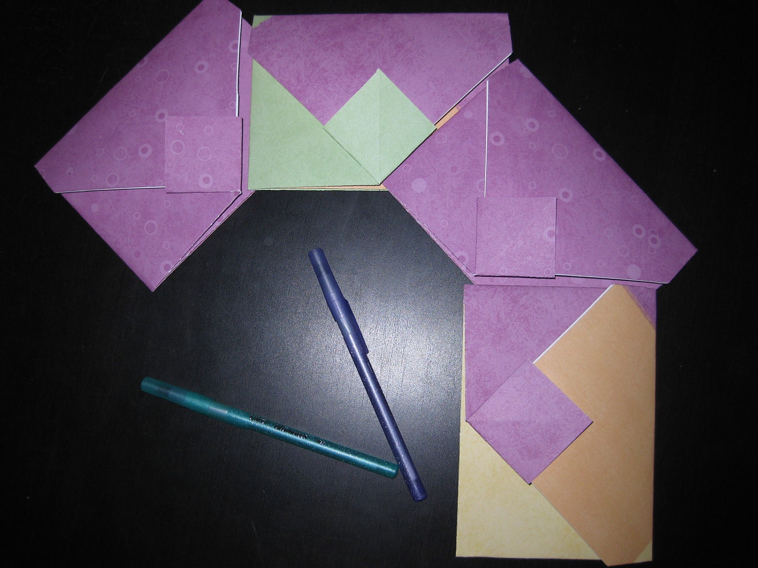 Lot of 4 Decorative Multi-Folded Self-Closing Origami Envelopes - Double Thick Single Sided 12x12 Scrapbook Paper (Circles/Color Block)