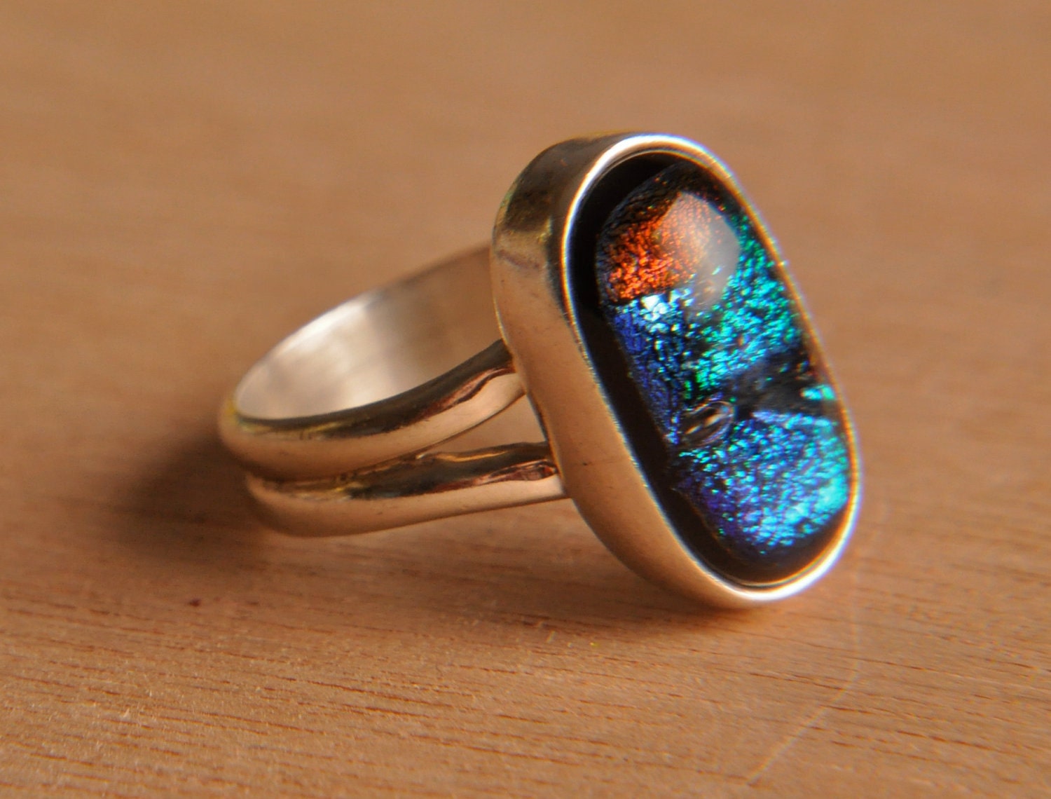 Handmade Dichroic Fused Glass Sterling Silver .925 Size 6 Ring